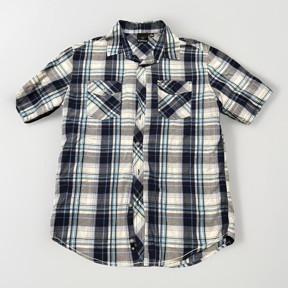 Burnside‎ Shirt Mens Large  Blue Gray Plaid Short Sleeve Button Up Western
